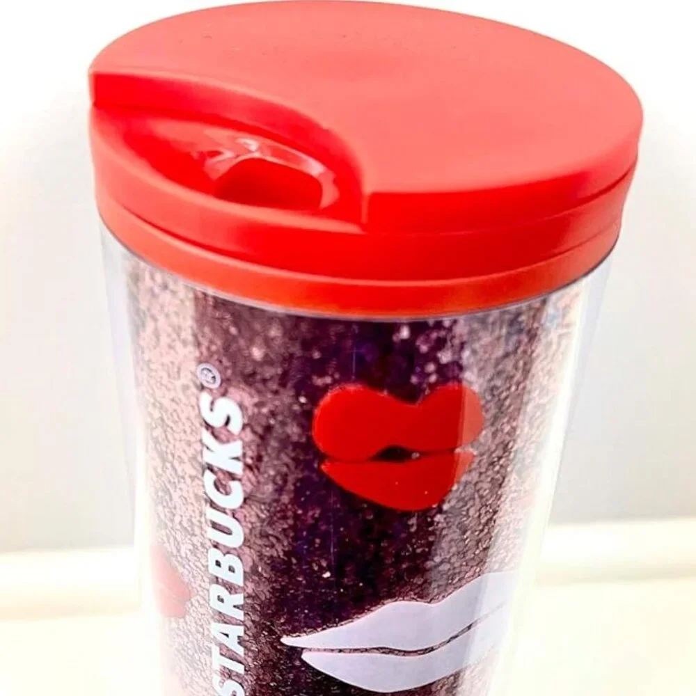 Starbucks Valentine's Day Red Lips Pink Hearts with Glitter Insulated Tumbler - Picture 3 of 11